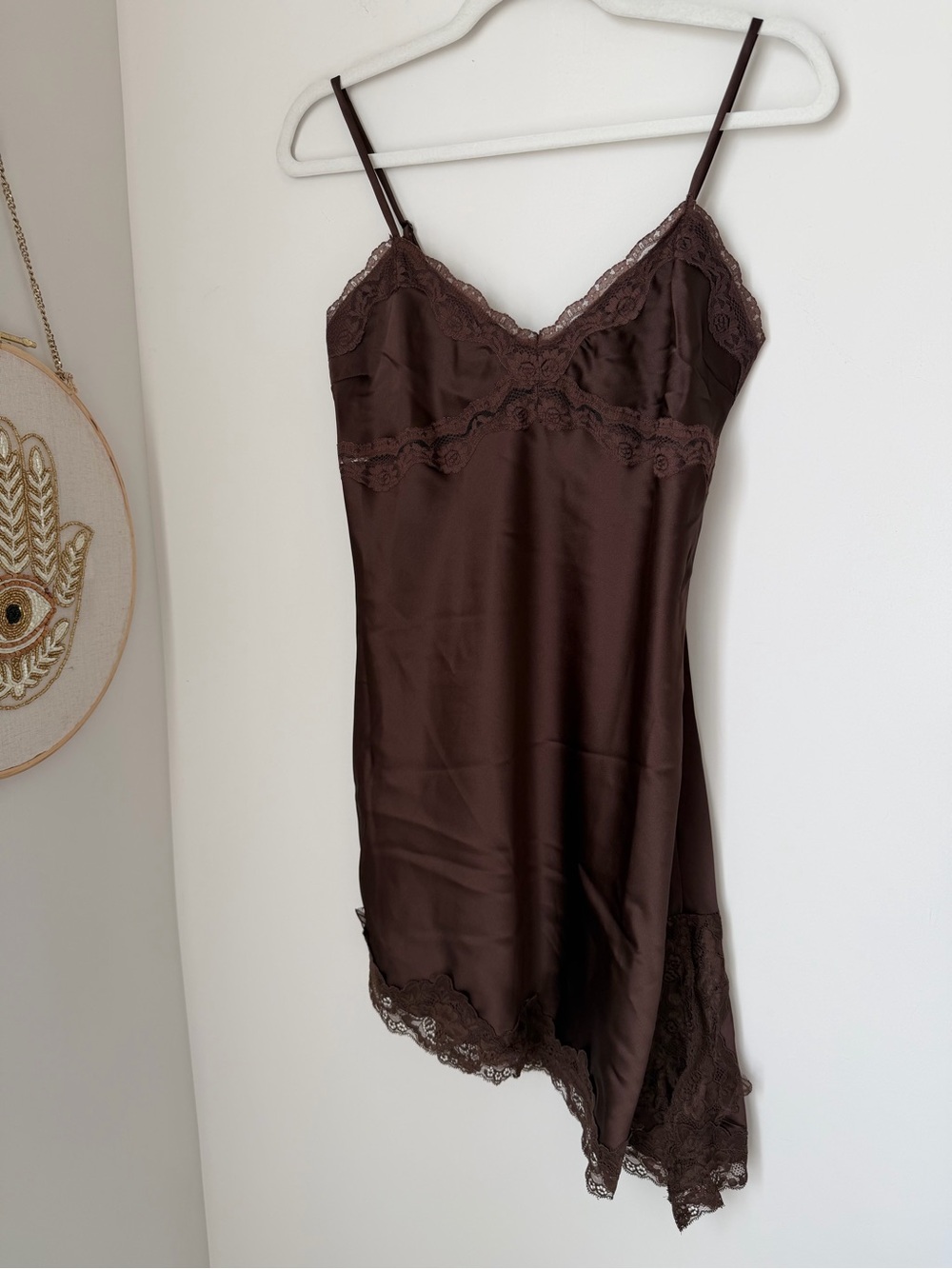 Brown Lace asymmetrical mini Slip Dress